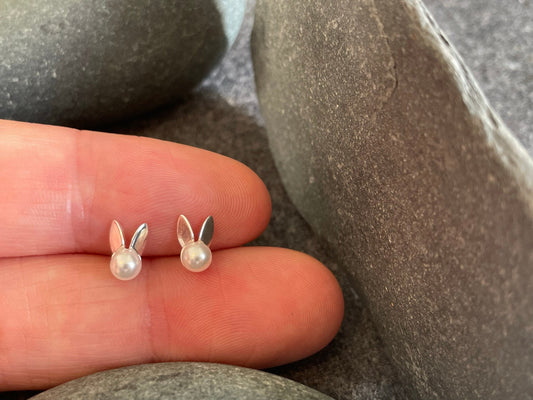 Pearl Rabbit - 925 Sterling Silver Plain Stud Earrings