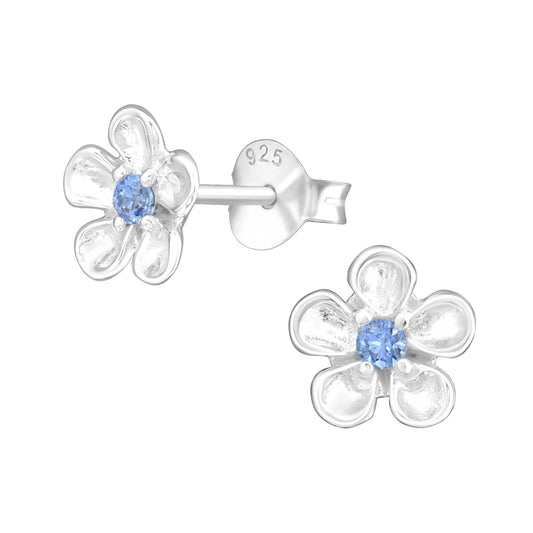 Flower - 925 Sterling Silver Blue Cubic Zirconia CZ Stud Earrings: Forget Me Not. Boxed