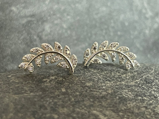 Olive Leaf Climber Earrings in 925 Sterling Silver with Cubic Zirconia