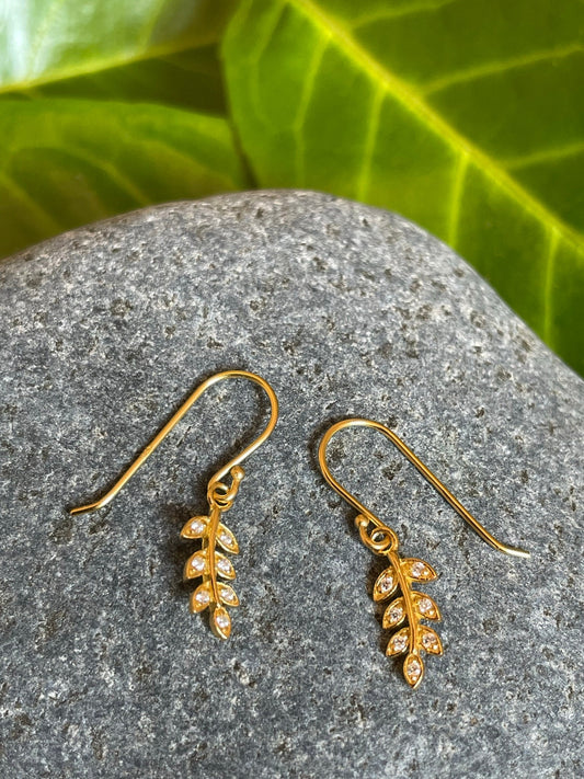 Olive Leaf Drop Earrings in Gold Plated 925 Sterling Silver with Cubic Zirconia