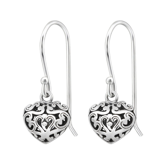 Filigree Heart - 925 Sterling Silver 3D Drop Earrings