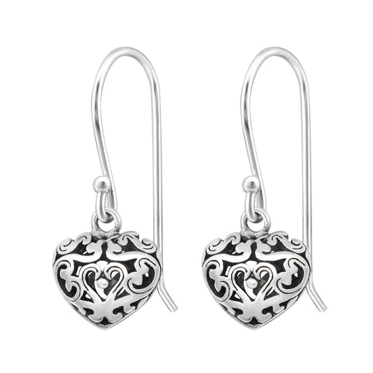 Filigree Heart Drop Earrings in 925 Sterling Silver