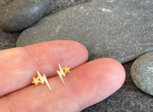 Lightning Bolt Star Earrings in Gold Plated 925 Sterling Silver with Cubic Zirconia