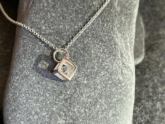 Cube Pendant Necklace in 925 Sterling Silver with Cubic Zirconia CZ