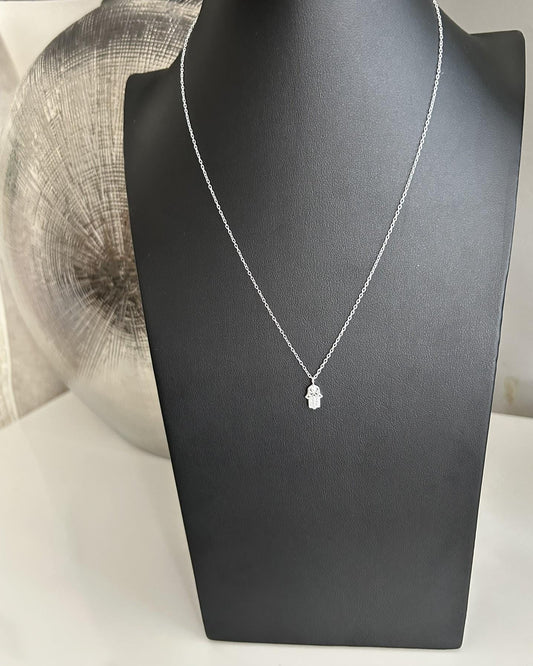 Hamsa Hand Pendant Necklace in 925 Sterling Silver with Cubic Zirconia