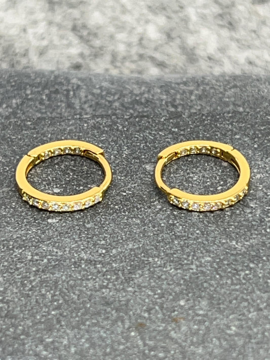 Gold Huggie Ear Hoops - 925 Sterling Silver Gold Plated with Cubic Zirconia. Boxed