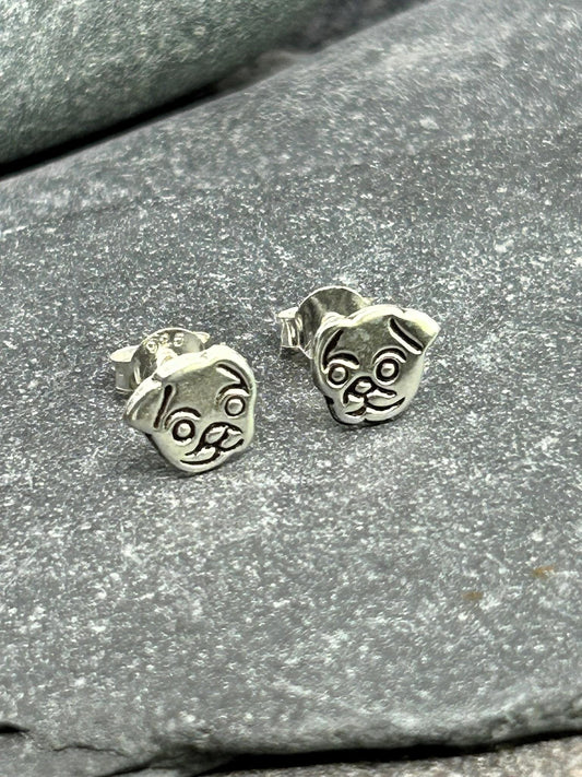 Pug Dog - 925 Sterling Silver Plain Ear Studs