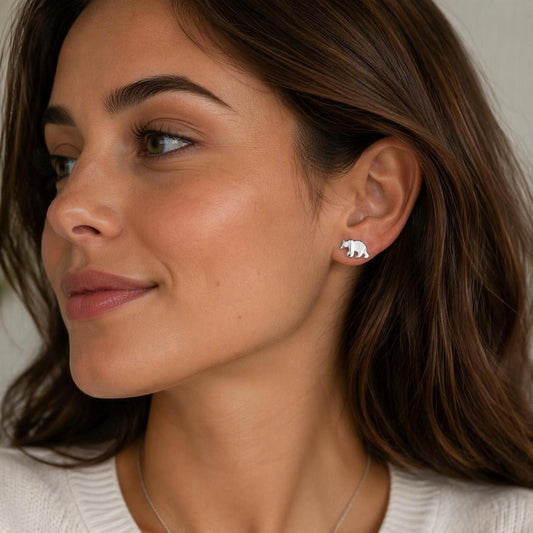 Bear - 925 Sterling Silver Plain Origami Bear Ear Studs