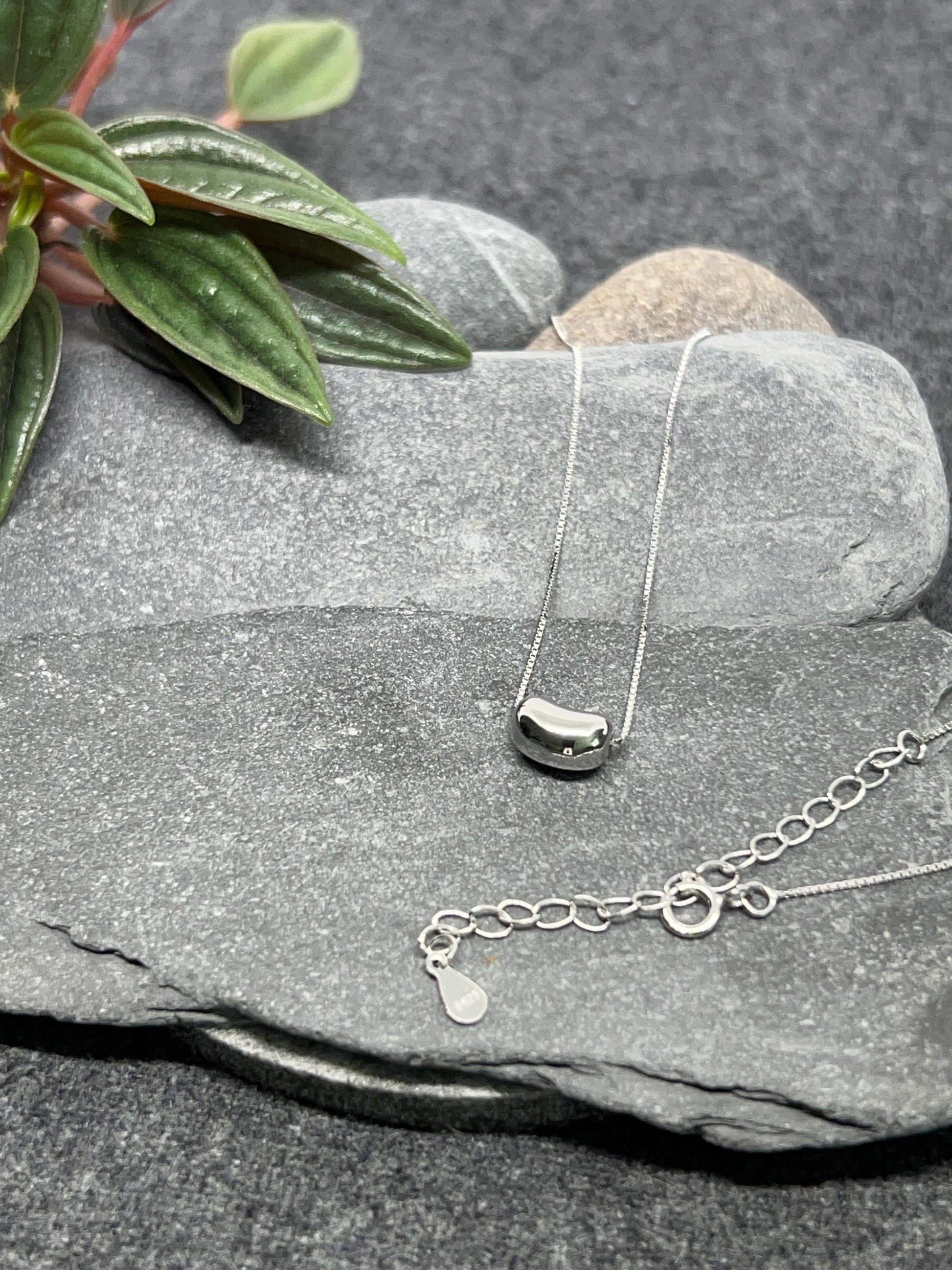Silver Pebble - 925 Sterling Silver Box Chain Necklace and Pendant - Boxed