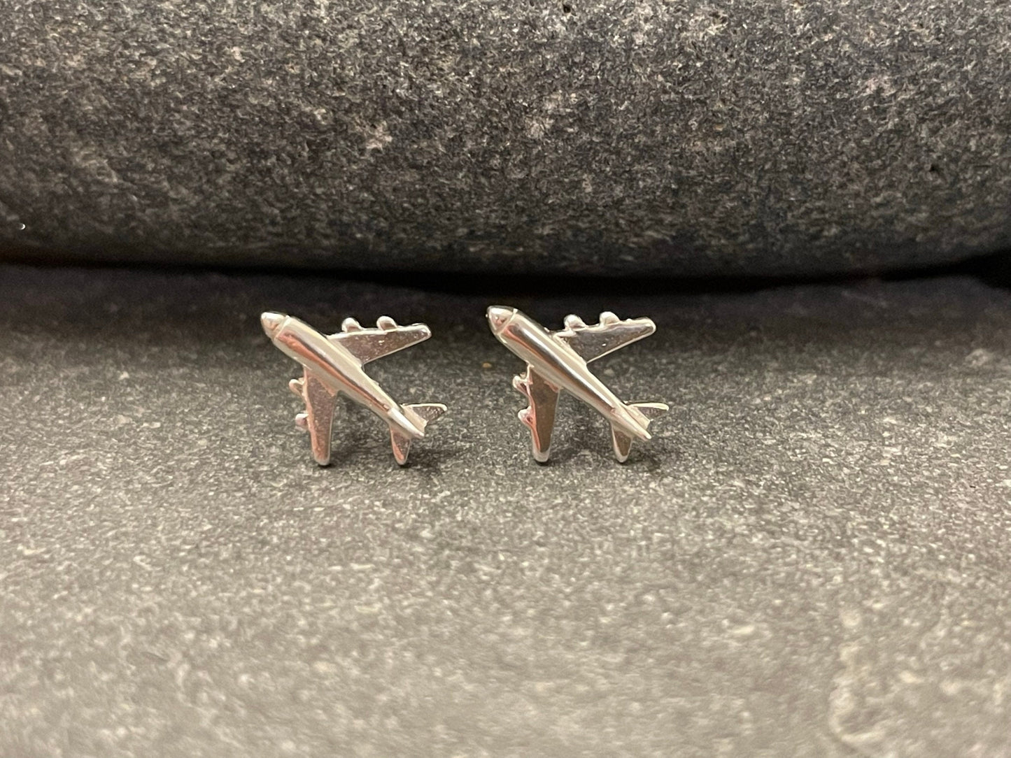 Aeroplane - 925 Sterling Silver Plain Stud Earrings Boxed