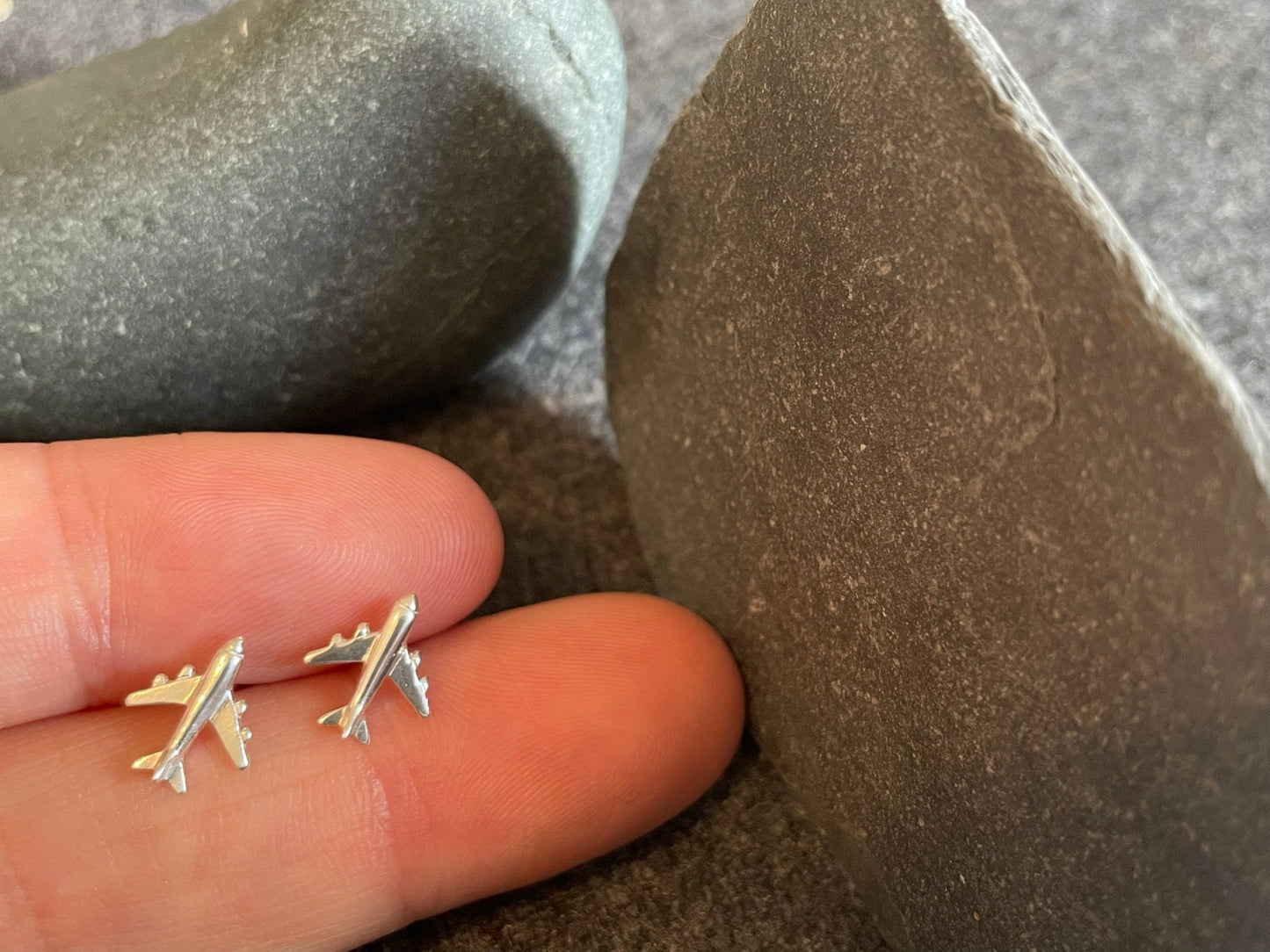 Aeroplane - 925 Sterling Silver Plain Stud Earrings Boxed