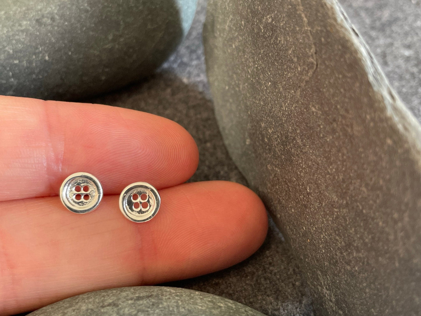 Button - 925 Sterling Silver Plain Stud Earrings - Boxed