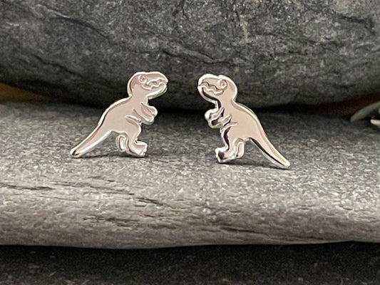 T-Rex Dinosaur Tyrannosaurus Rex - 925 Sterling Silver Plain Stud Earrings - Boxed