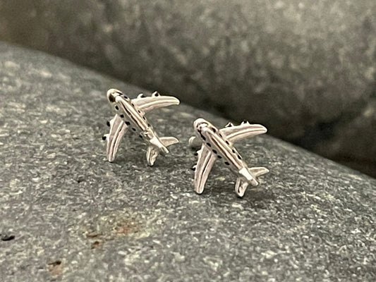 Aeroplane - 925 Sterling Silver Plain Stud Earrings Boxed