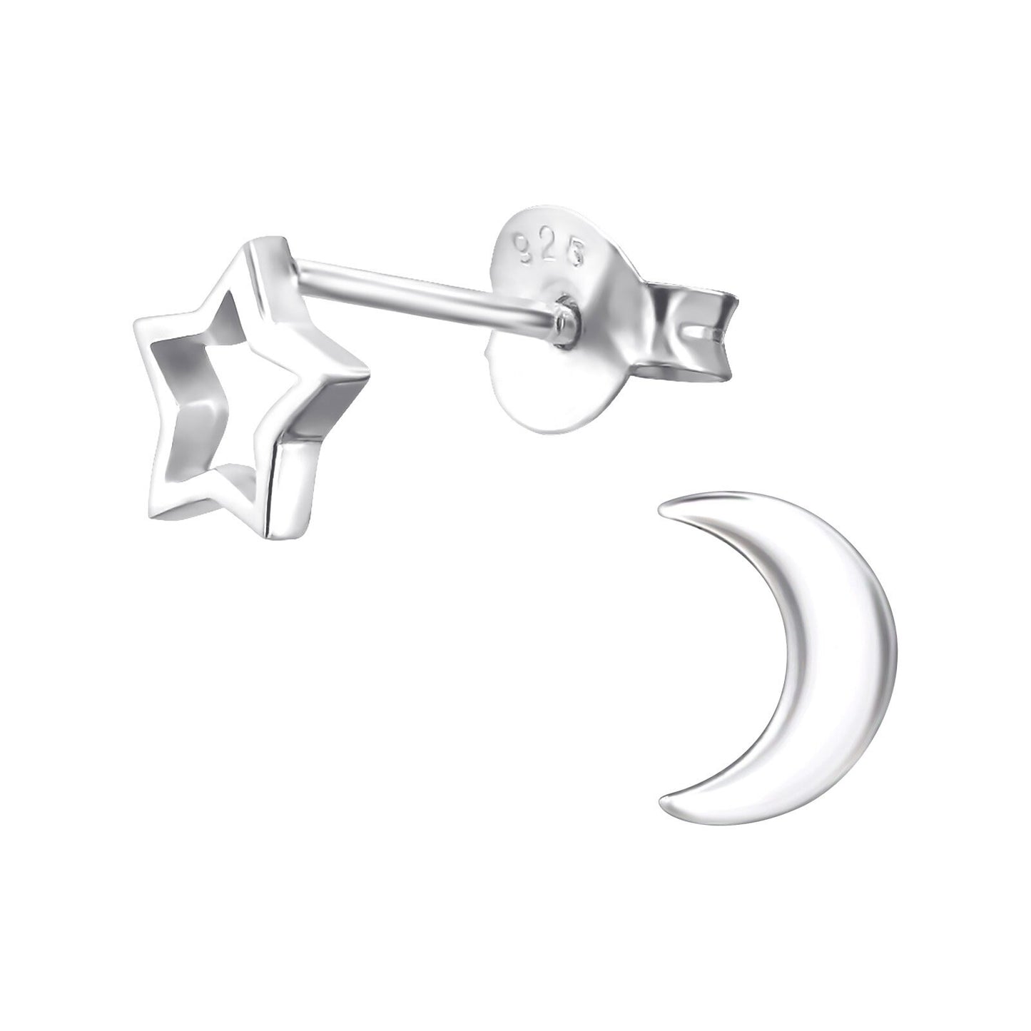 Star and Moon - 925 Sterling Silver Plain Stud Earrings - Boxed