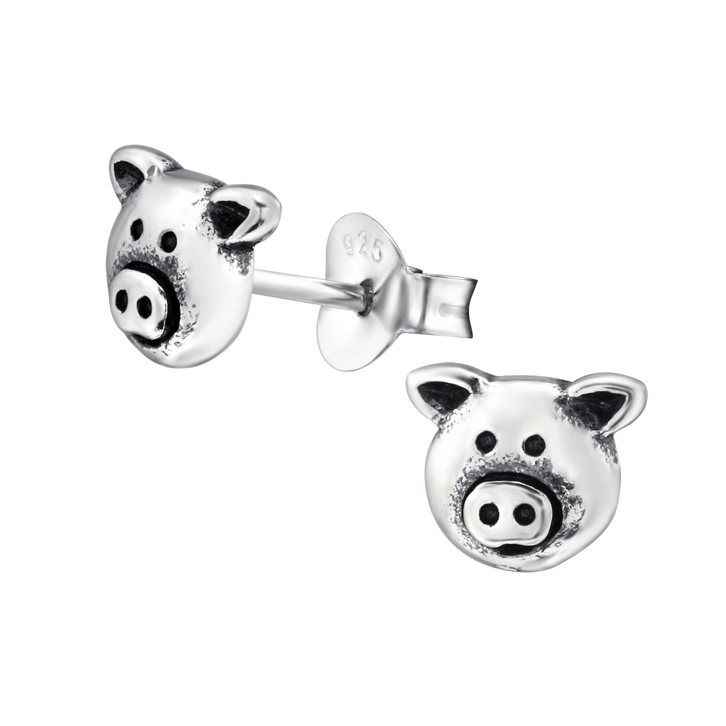 Pig - 925 Sterling Silver Plain Stud Earrings