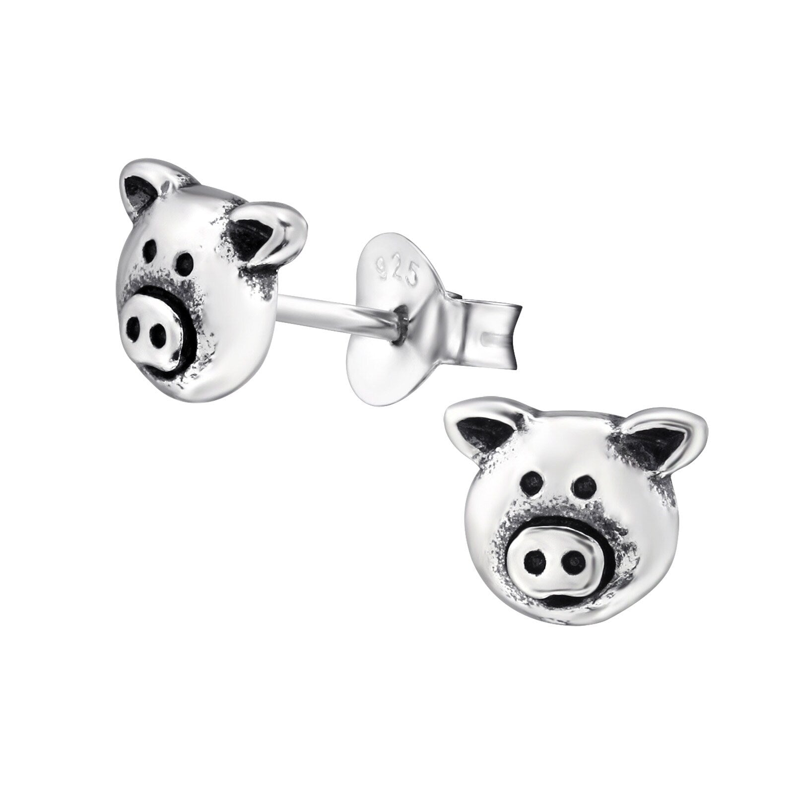 Pig - 925 Sterling Silver Plain Stud Earrings