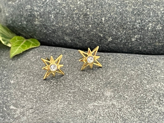 Star - 925 Sterling Silver Cube Zirconia CZ Stud Earrings (Gold) Boxed