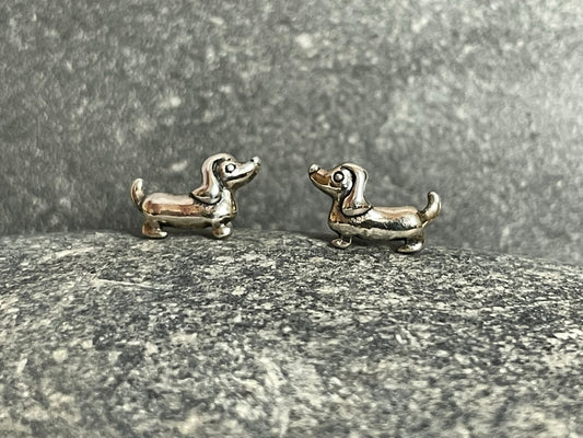 Dachshund Dog - 925 Sterling Silver Plain Stud Earrings