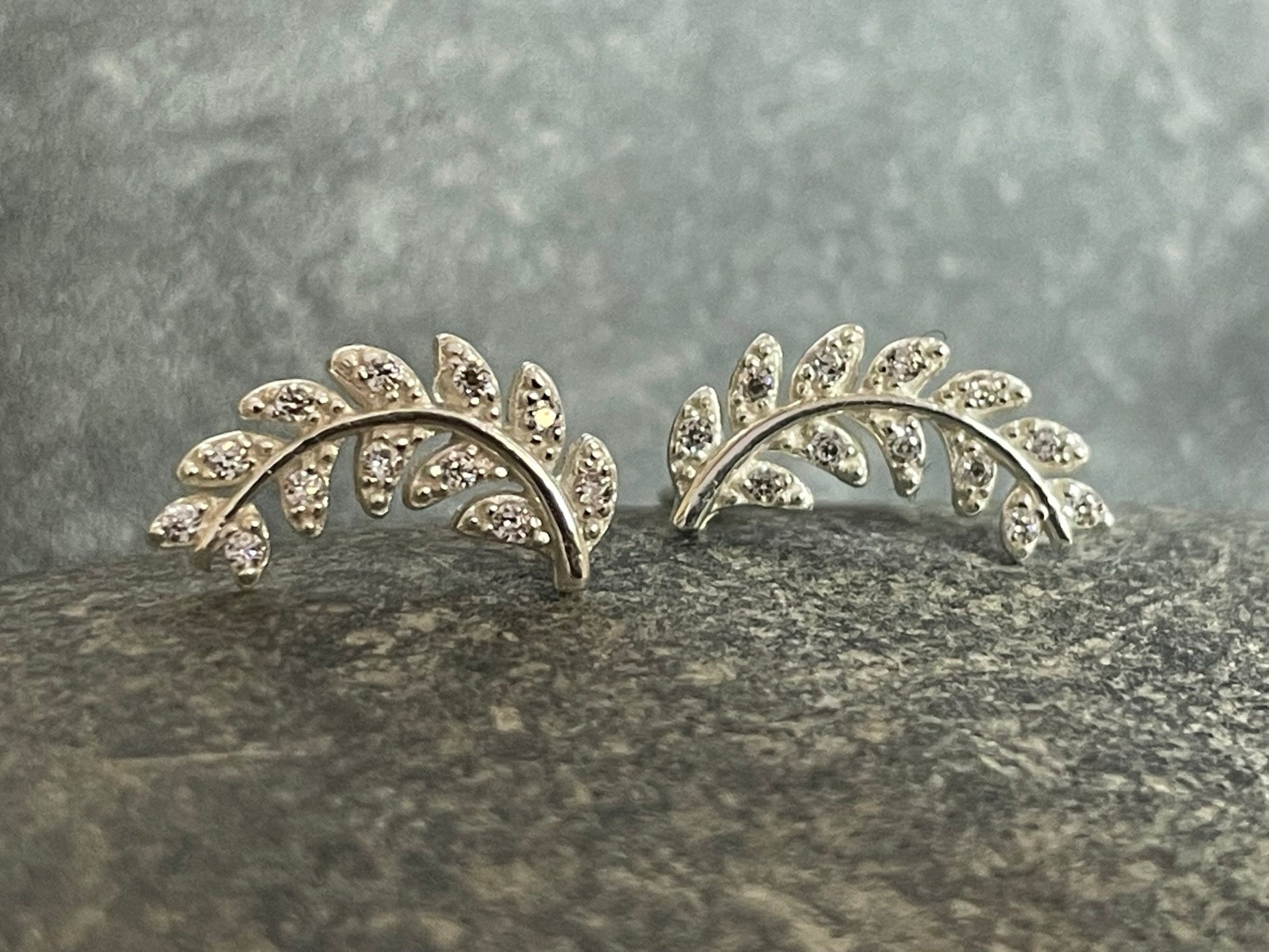 Olive Leaf Climber - 925 Sterling Silver Cubic Zirconia CZ Stud Earrings