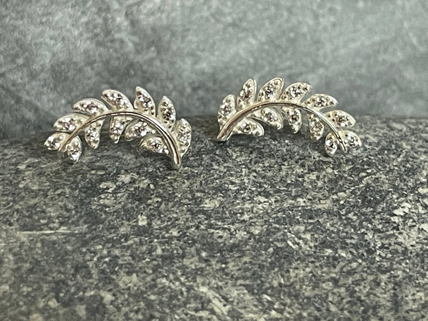 Olive Leaf Climber - 925 Sterling Silver Cubic Zirconia CZ Stud Earrings