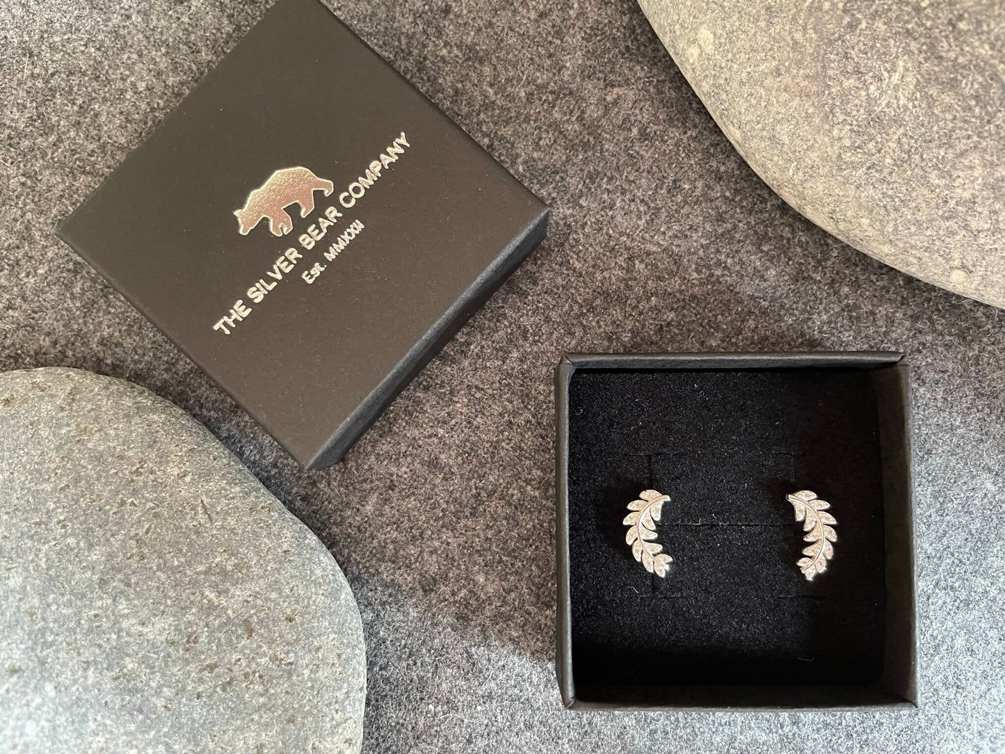 Olive Leaf Climber - 925 Sterling Silver Cubic Zirconia CZ Stud Earrings