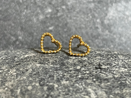 Beaded Heart (Gold) - 925 Sterling Silver Plain Stud Earrings - Boxed