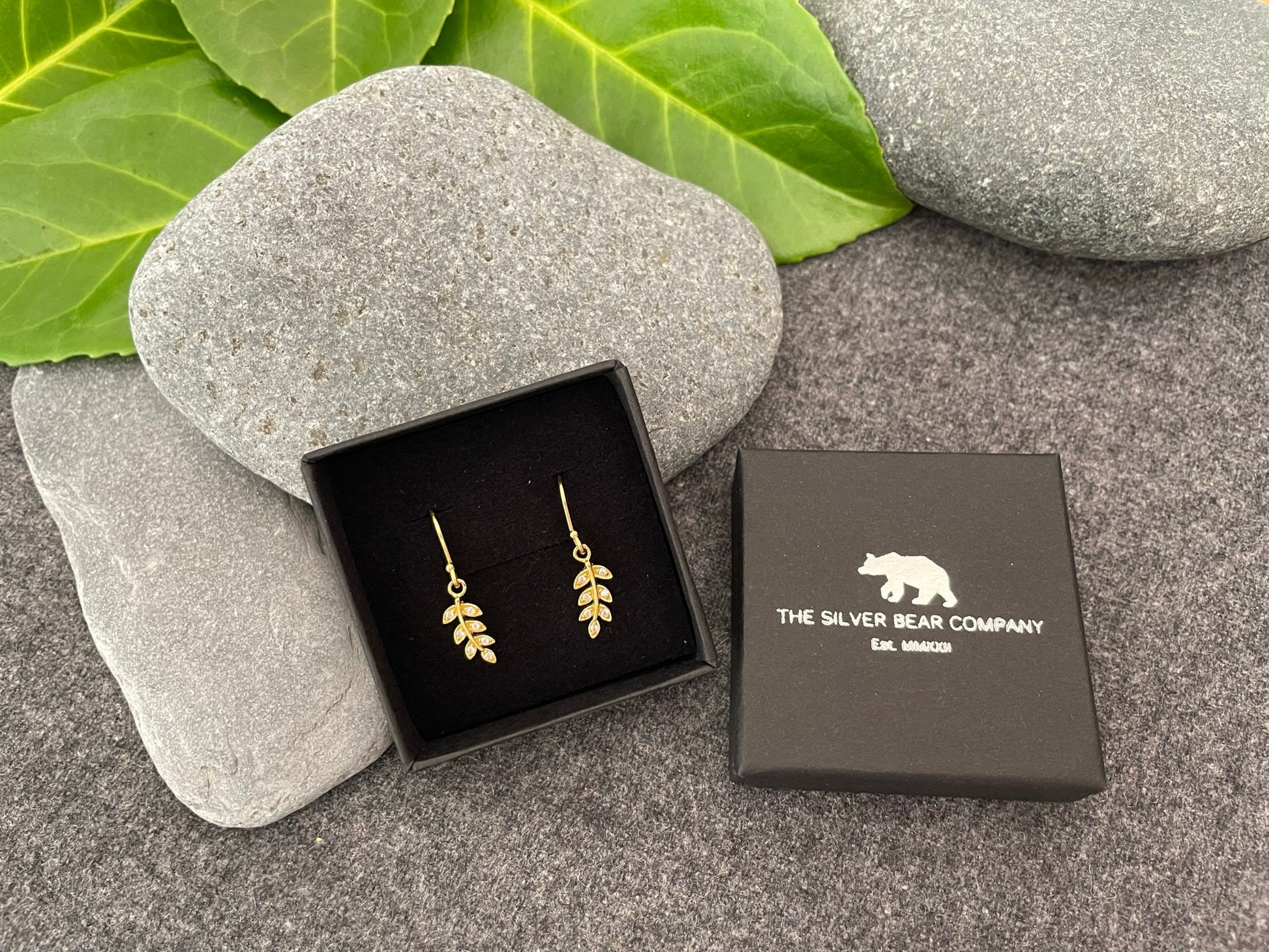 Olive Leaf Drop Earrings - 925 Sterling Silver with Cubic Zirconia CZ (GOLD)