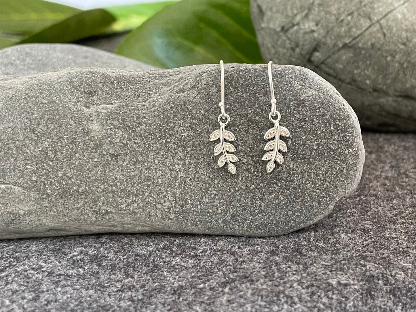 Olive Leaf Drop Earrings in 925 Sterling Silver with Cubic Zirconia