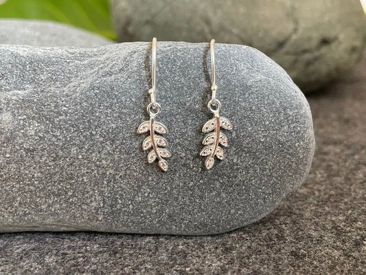 Olive Leaf Drop Earrings in 925 Sterling Silver with Cubic Zirconia