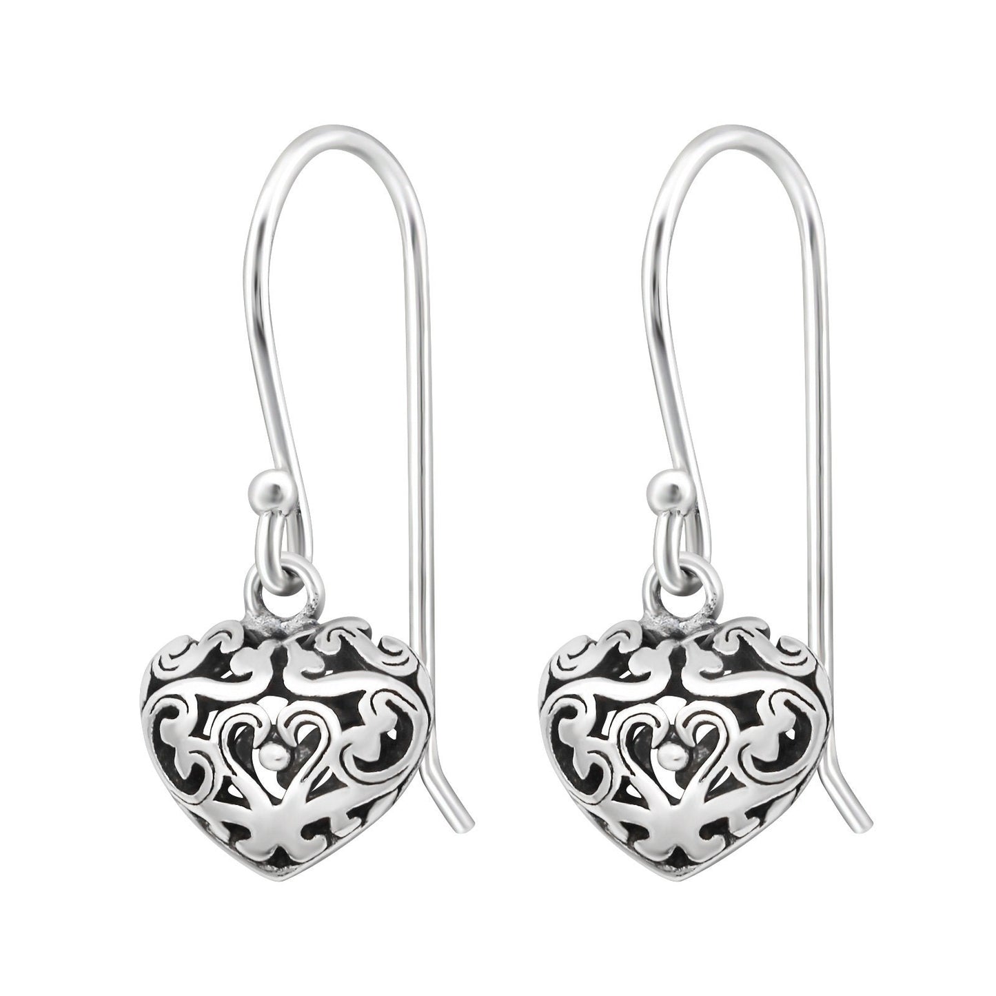 Filigree Heart - 925 Sterling Silver 3D Drop Earrings