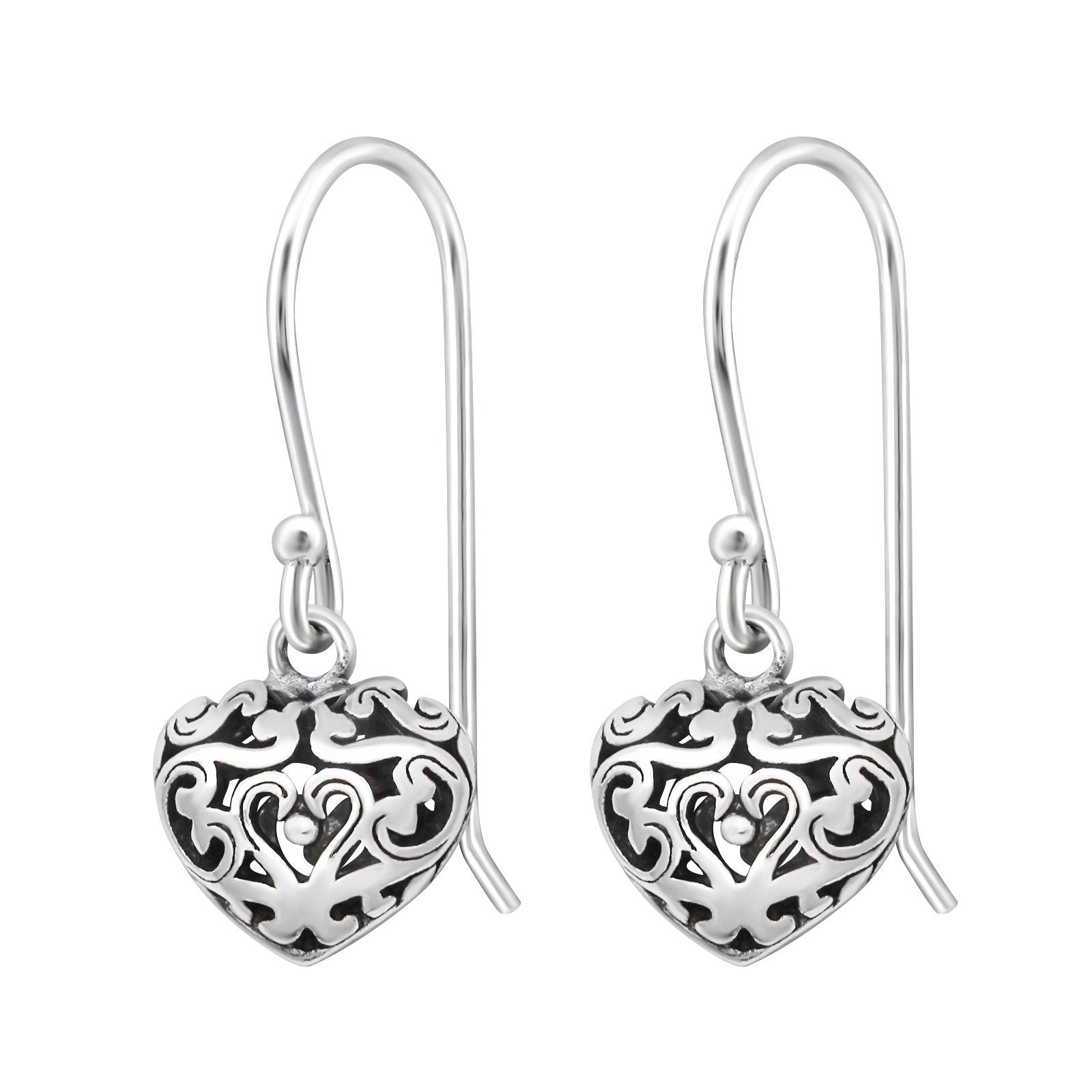 Filigree Heart - 925 Sterling Silver 3D Drop Earrings