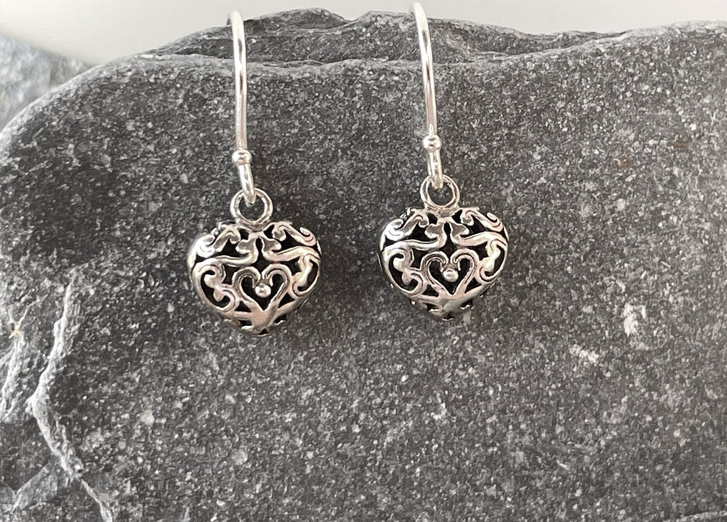 Filigree Heart - 925 Sterling Silver 3D Drop Earrings