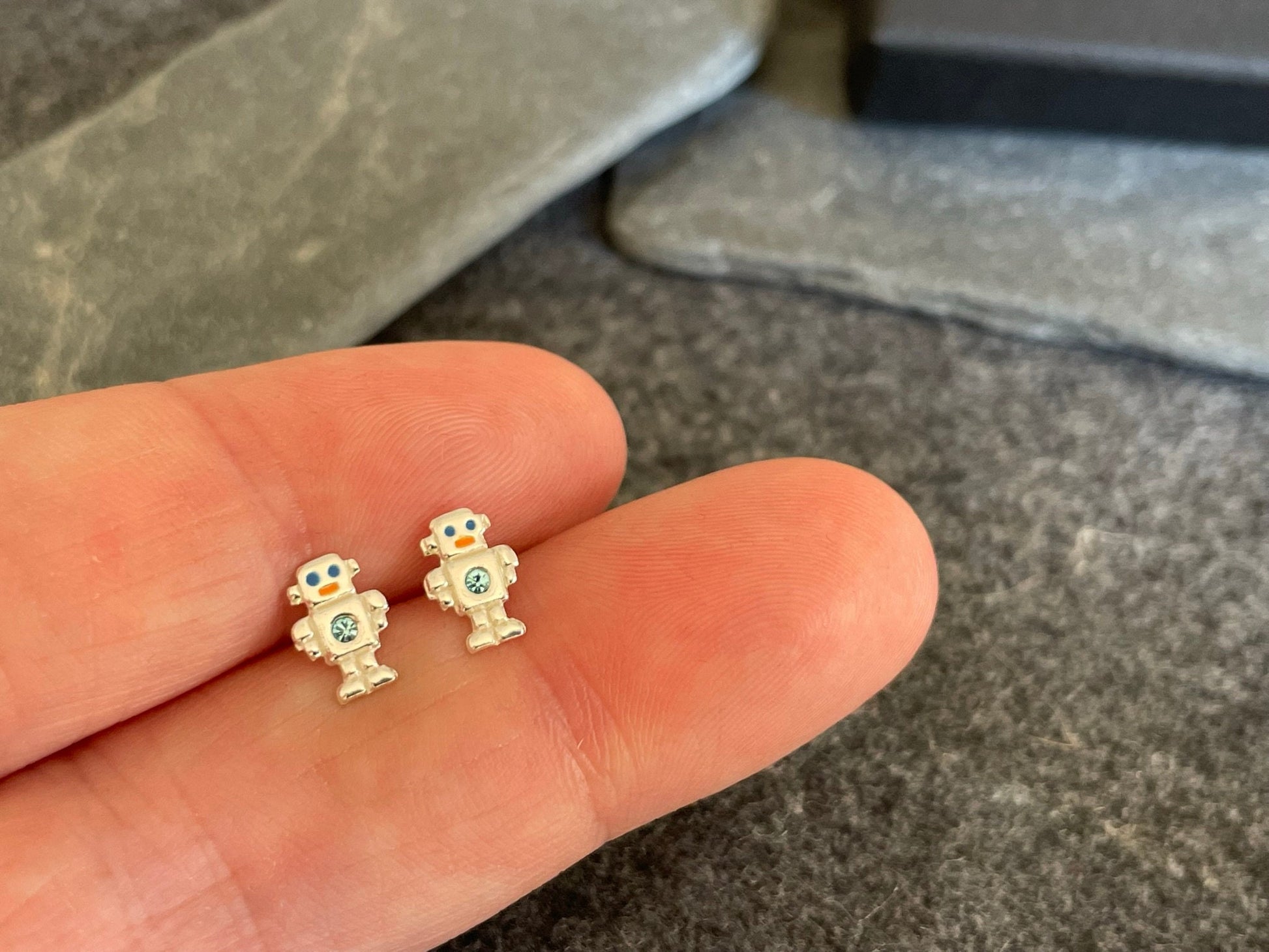 Robot Earrings in 925 Sterling Silver with Cubic Zirconia