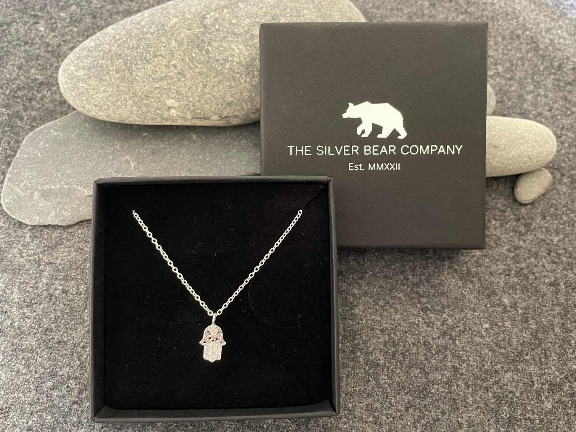 Hamsa Hand Pendant Necklace in 925 Sterling Silver with Cubic Zirconia