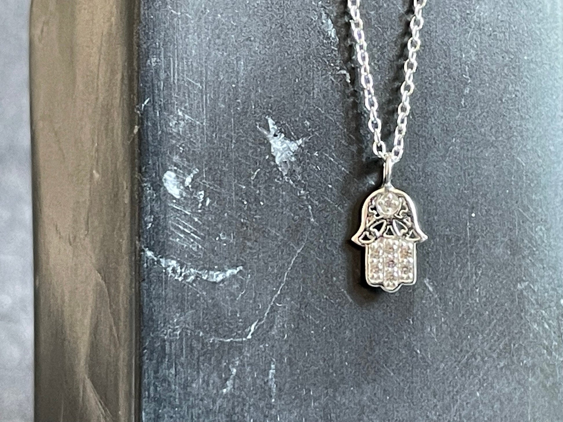 Hamsa Hand Pendant Necklace in 925 Sterling Silver with Cubic Zirconia