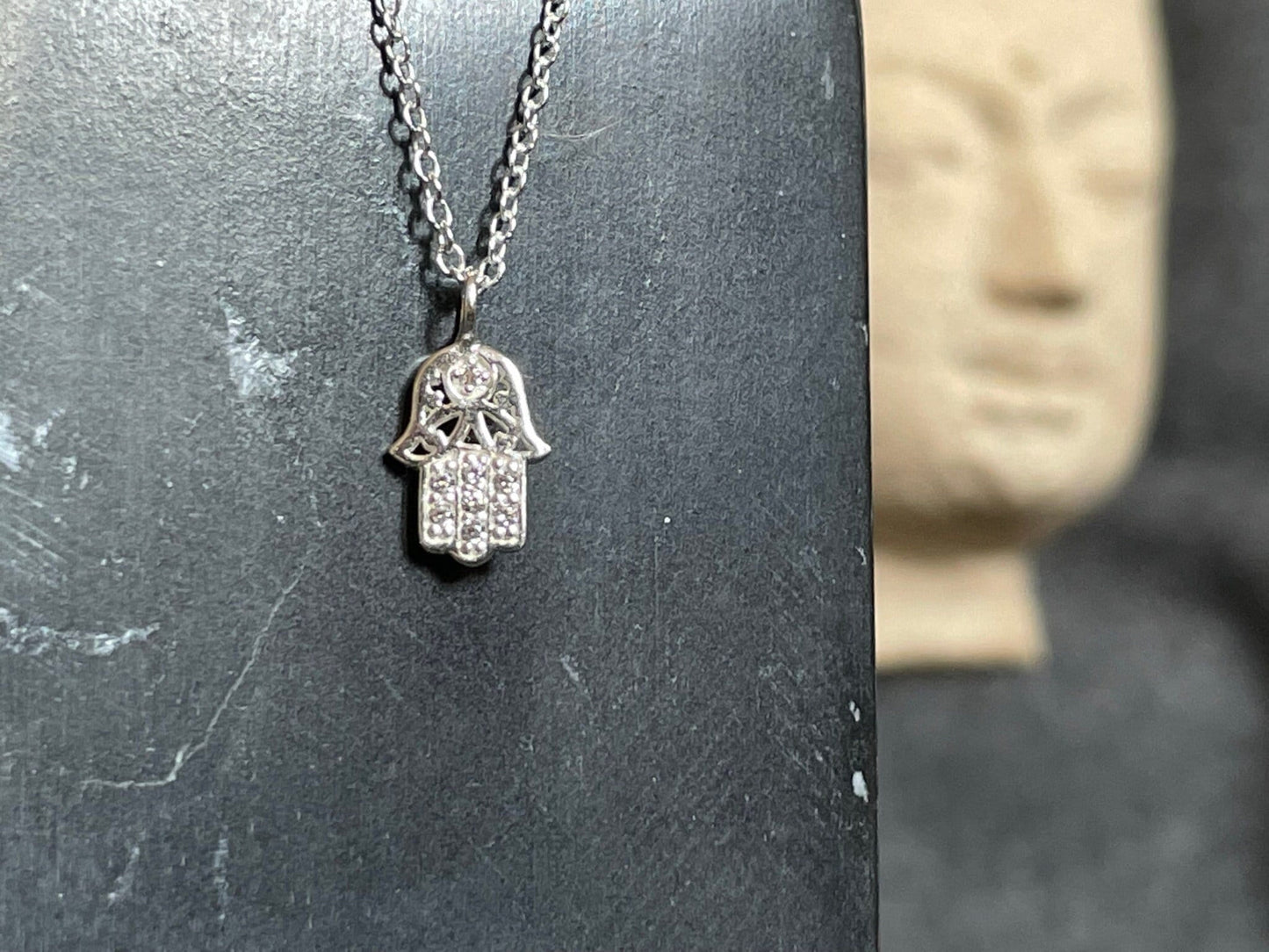 Hamsa Hand Pendant Necklace in 925 Sterling Silver with Cubic Zirconia