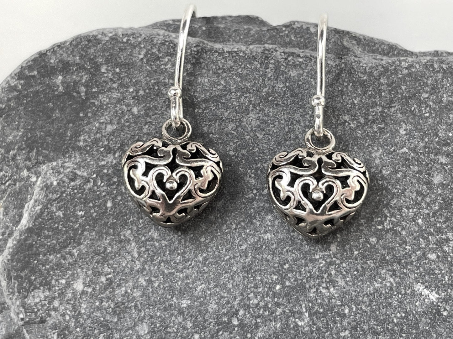 Filigree Heart - 925 Sterling Silver 3D Drop Earrings
