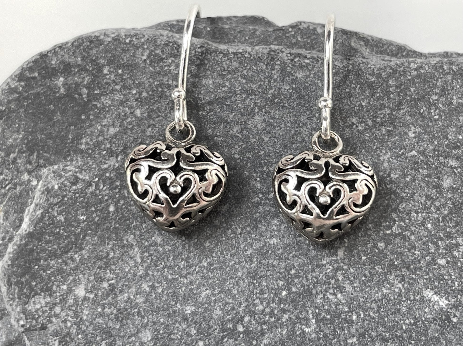 Filigree Heart - 925 Sterling Silver 3D Drop Earrings