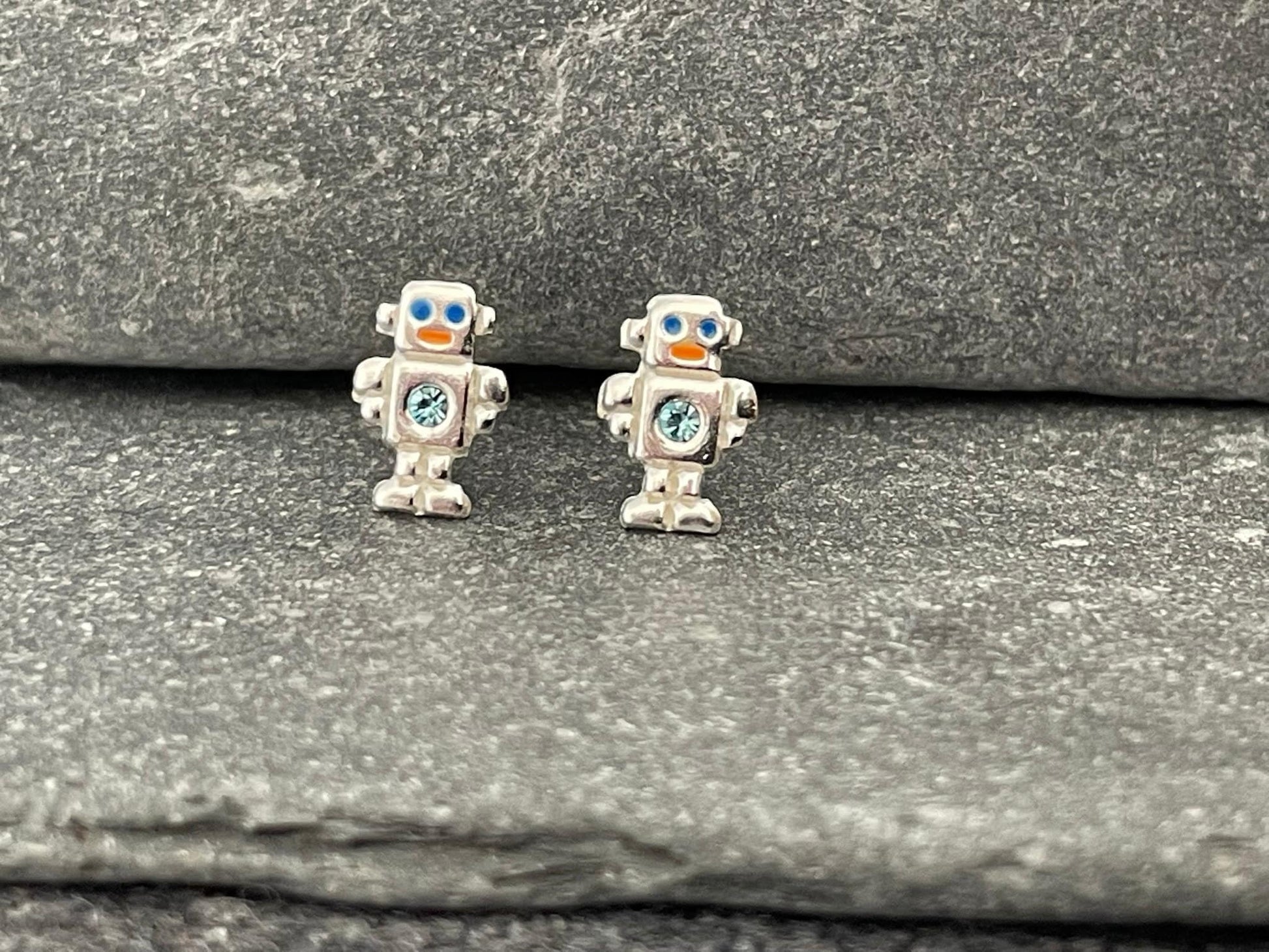 Sterling Silver Robot Stud Earrings: Cubic Zirconia & Resin