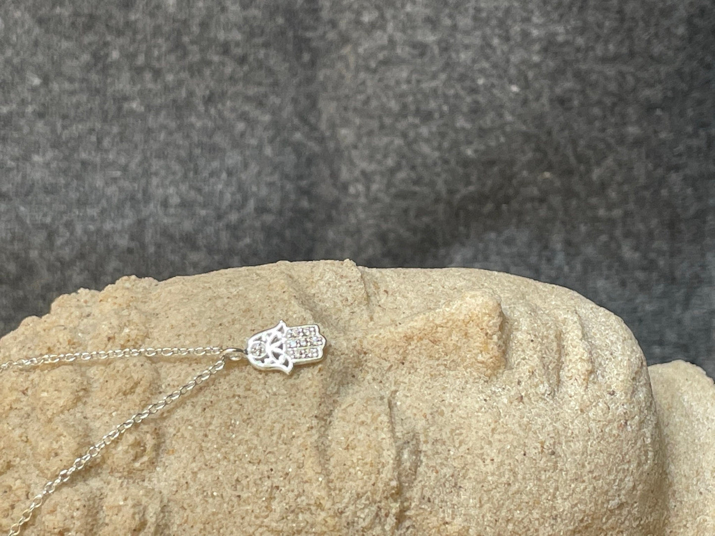 Hamsa Hand Pendant Necklace in 925 Sterling Silver with Cubic Zirconia
