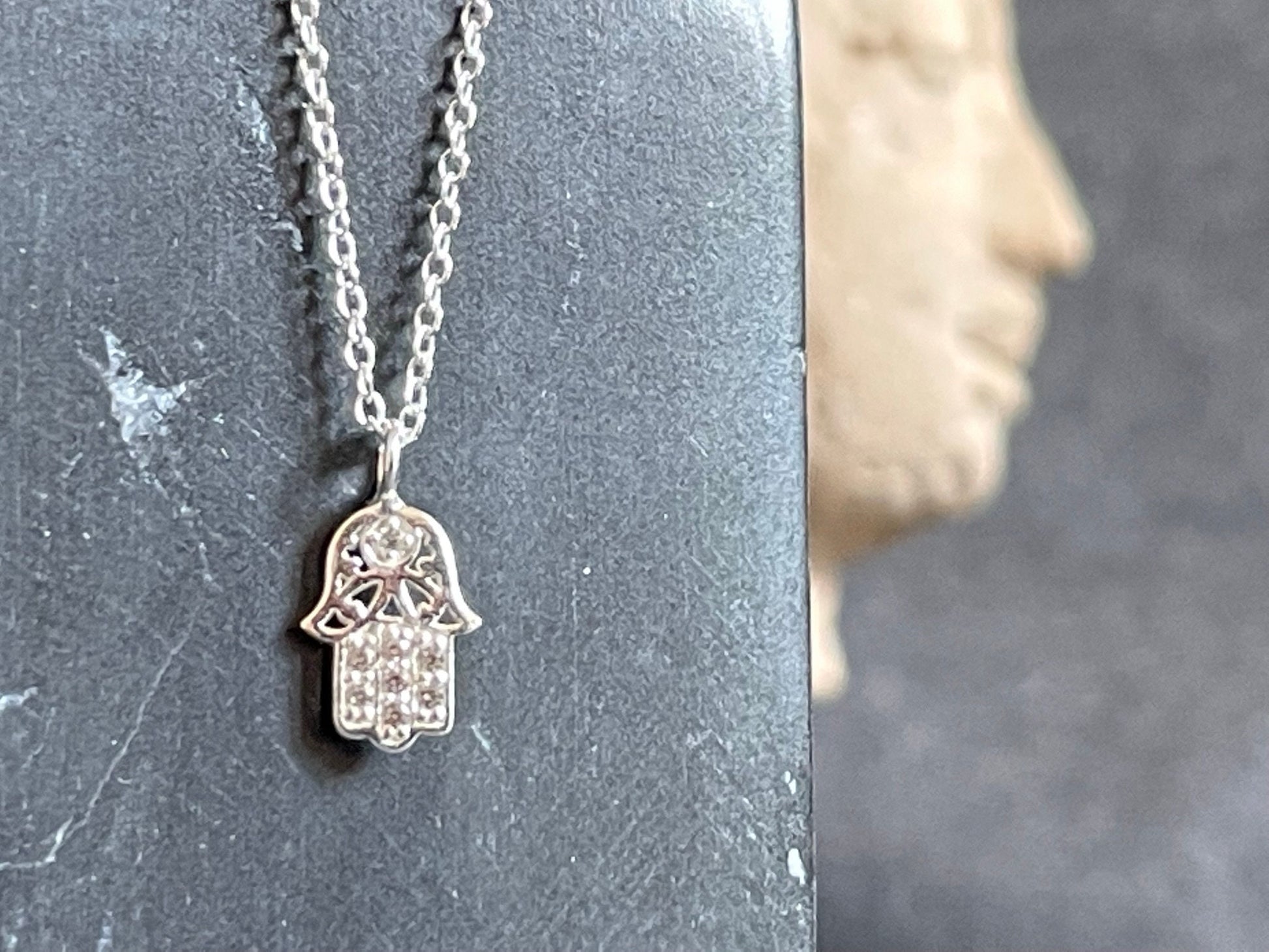 Sterling Silver Hamsa Hand Necklace: Cubic Zirconia Fatima Pendant