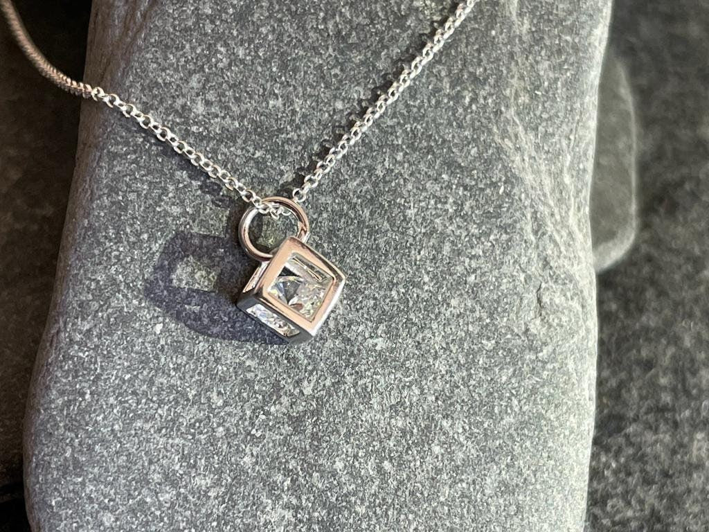 Cube - 925 Sterling Silver Cubic Zirconia CZ Pendant Necklace - Boxed