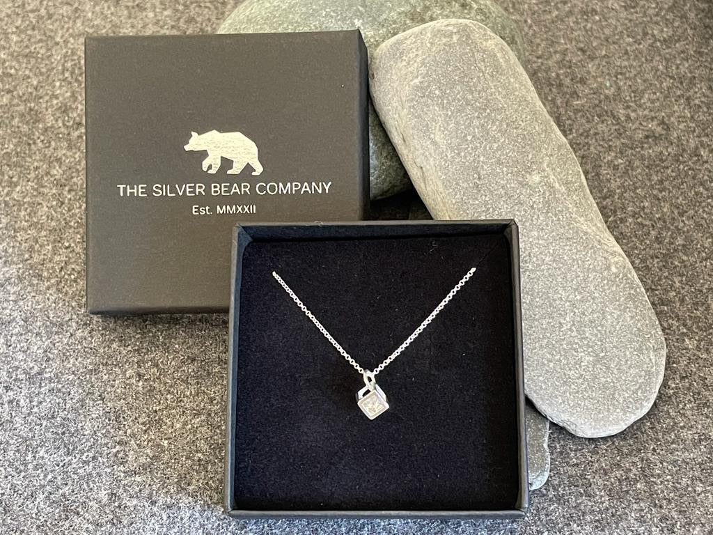 Cube - 925 Sterling Silver Cubic Zirconia CZ Pendant Necklace - Boxed
