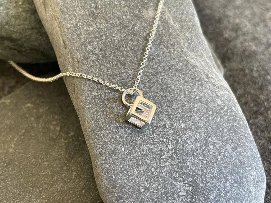 Cube - 925 Sterling Silver Cubic Zirconia CZ Pendant Necklace - Boxed