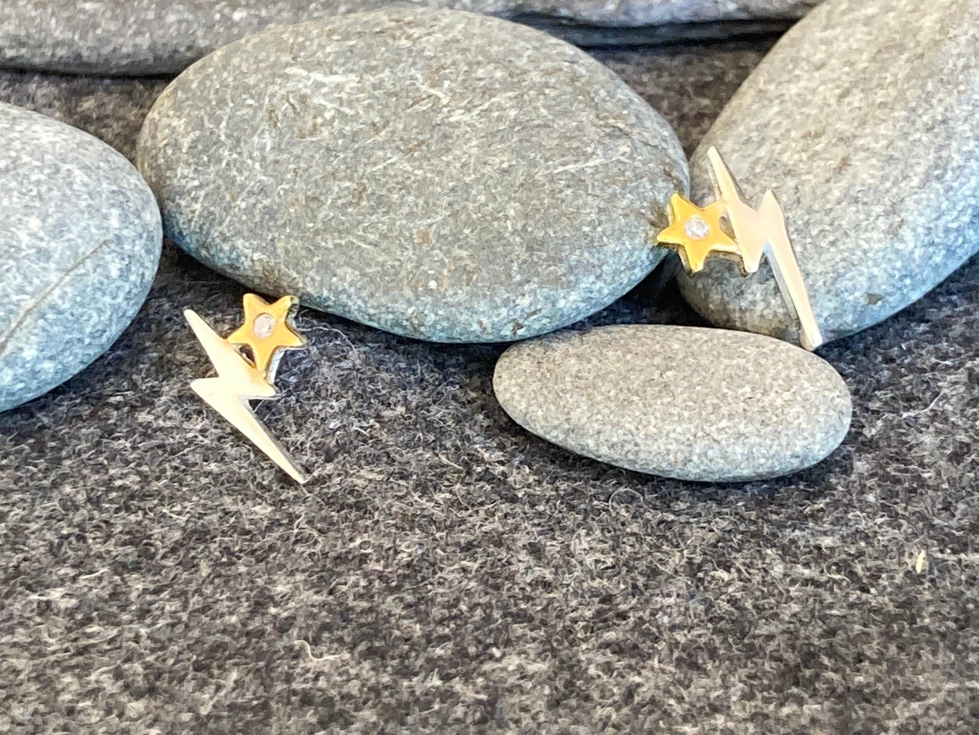 Sterling Silver Lightning Bolt Star Stud Earrings with CZ