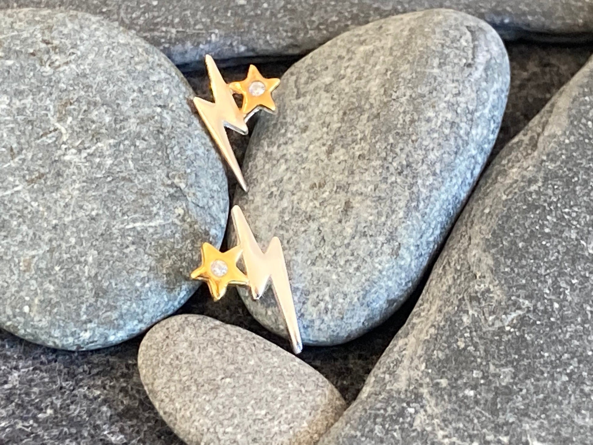 Sterling Silver Lightning Bolt Star Stud Earrings with CZ