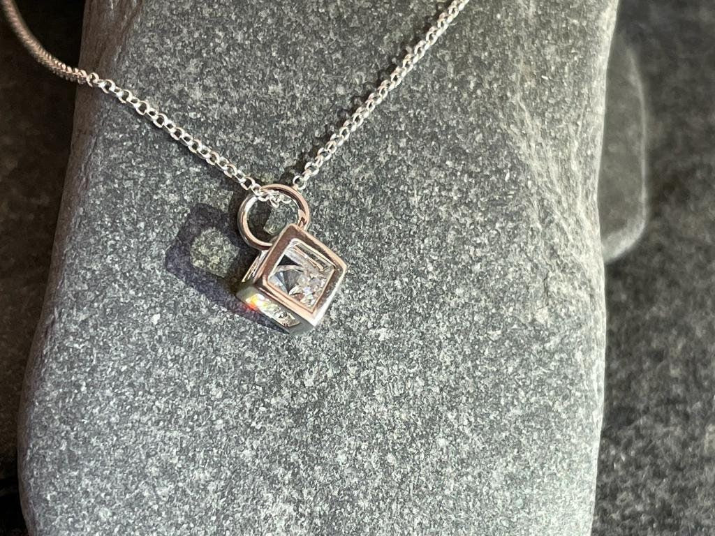 Cube - 925 Sterling Silver Cubic Zirconia CZ Pendant Necklace - Boxed