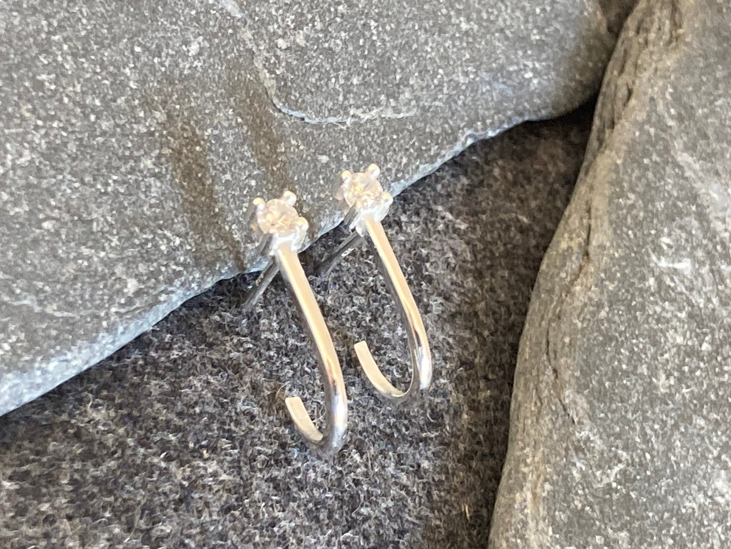 Half Hoop Earrings in 925 Sterling Silver with Cubic Zirconia