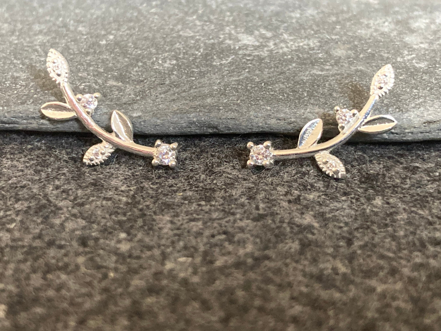 Floral Leaf Branch - 925 Sterling Silver Cubic Zirconia CZ Stud Earrings